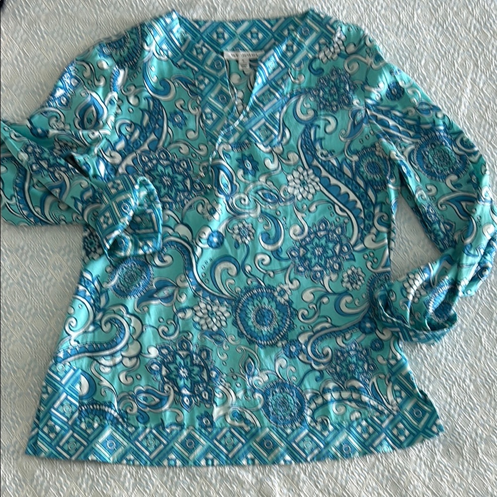St. John Silk Colorful Paisley Printed Tunic Petite in Blues